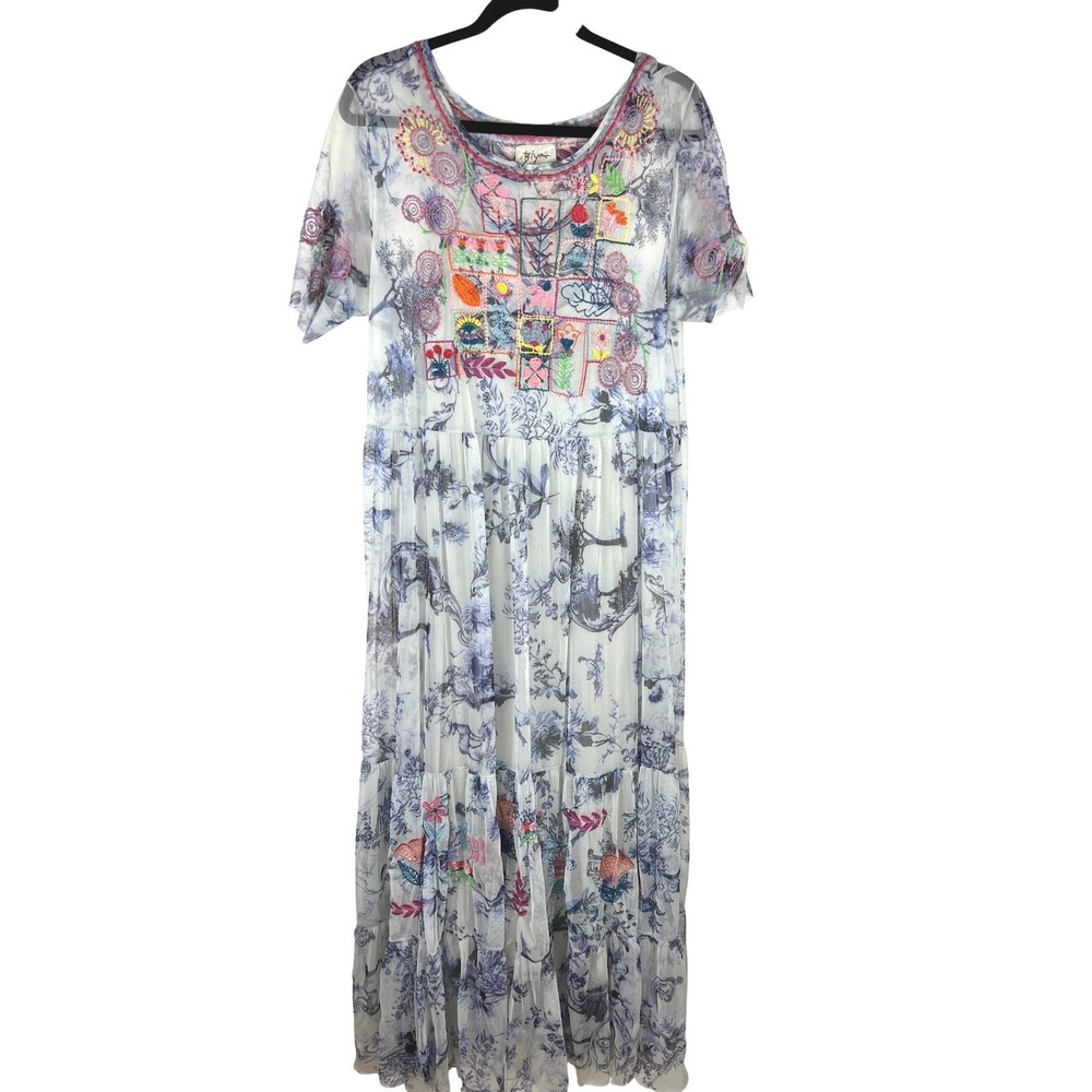 Biya Johnny Was Embroidered Mesh Floral Maxi Dress Blue White Large - Picture 2 of 16